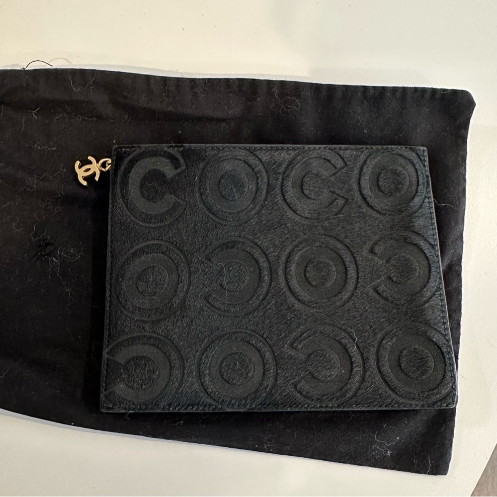 CHANEL Pony Hair Black COCO Embossed clutch.